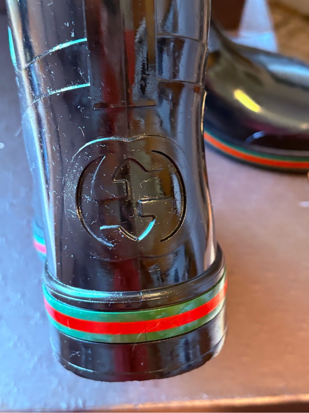 Gucci Black Gloss Rubber Ankle Rain Boots with Red and Green Stripe - Picture 3 of 6